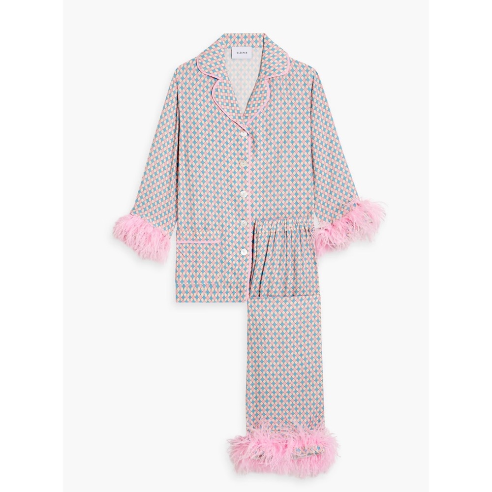 Sleeper Party Faux Feather Trimmed Printed Twill Pajama Set